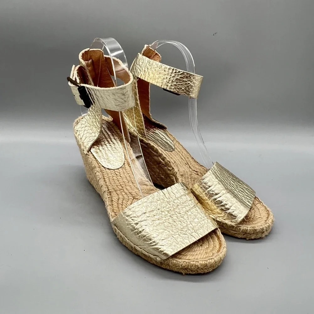 J Crew Sandals Womens 7 Gold Leather Espadrille Ankle Strap High Wedge Shoes